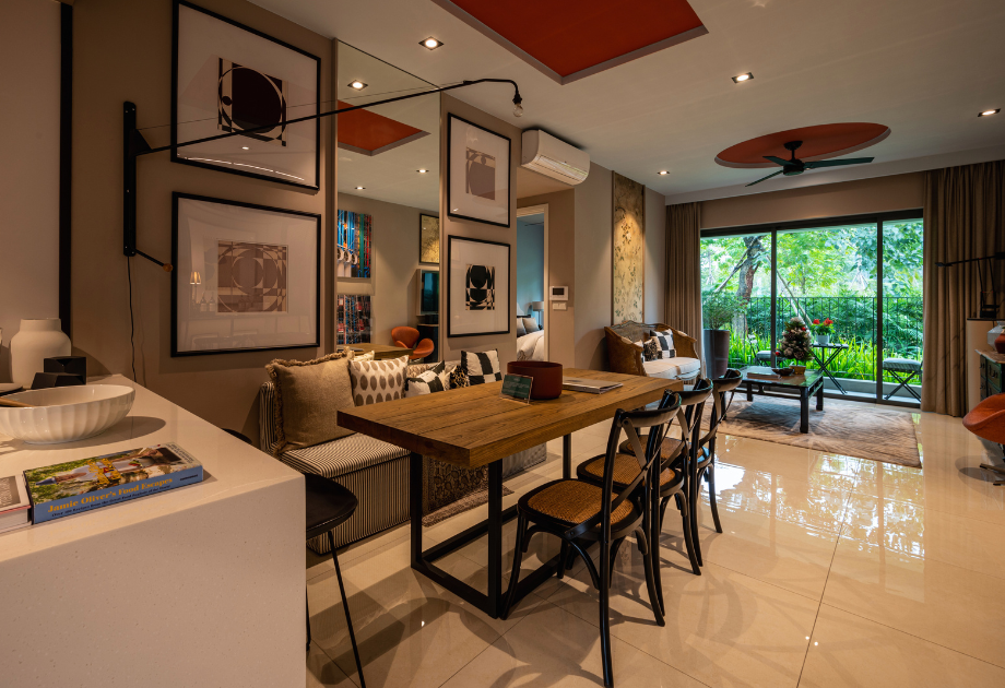 glossy tile floor in a dining room